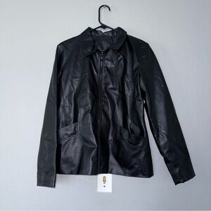 Me Jane Black Leather Jacket full zip slash pockets smooth and shiny appearance